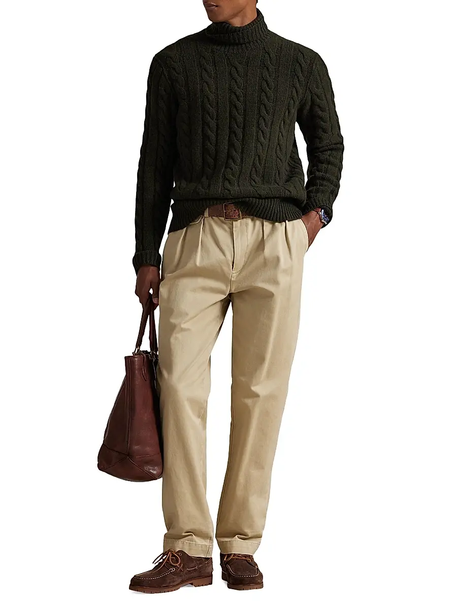 Polo Ralph Lauren Men's Wool-Cashmere Cable-Knit Turtleneck Sweater - Vest Olive Heather | Thumbnail 2 Polo Ralph Lauren Men's Wool-Cashmere Cable-Knit Turtleneck Sweater - Vest Olive Heather | Thumbnail 2