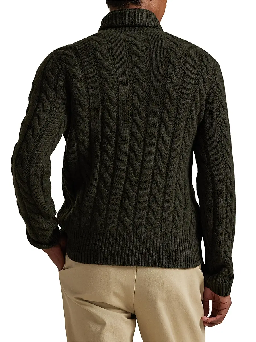 Polo Ralph Lauren Men's Wool-Cashmere Cable-Knit Turtleneck Sweater - Vest Olive Heather | Thumbnail 4 Polo Ralph Lauren Men's Wool-Cashmere Cable-Knit Turtleneck Sweater - Vest Olive Heather | Thumbnail 4