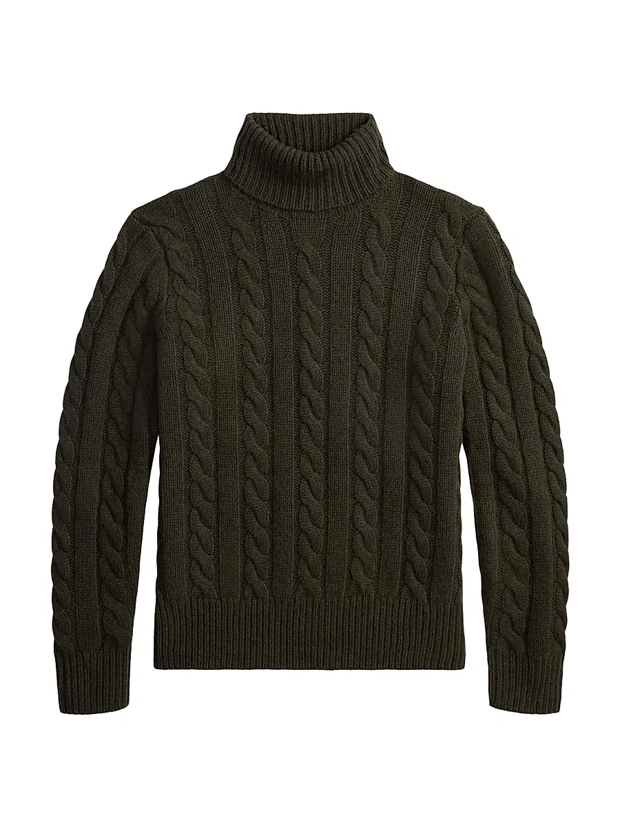 Polo Ralph Lauren Men's Wool-Cashmere Cable-Knit Turtleneck Sweater - Vest Olive Heather | Image 1 Polo Ralph Lauren Men's Wool-Cashmere Cable-Knit Turtleneck Sweater - Vest Olive Heather | Image 1