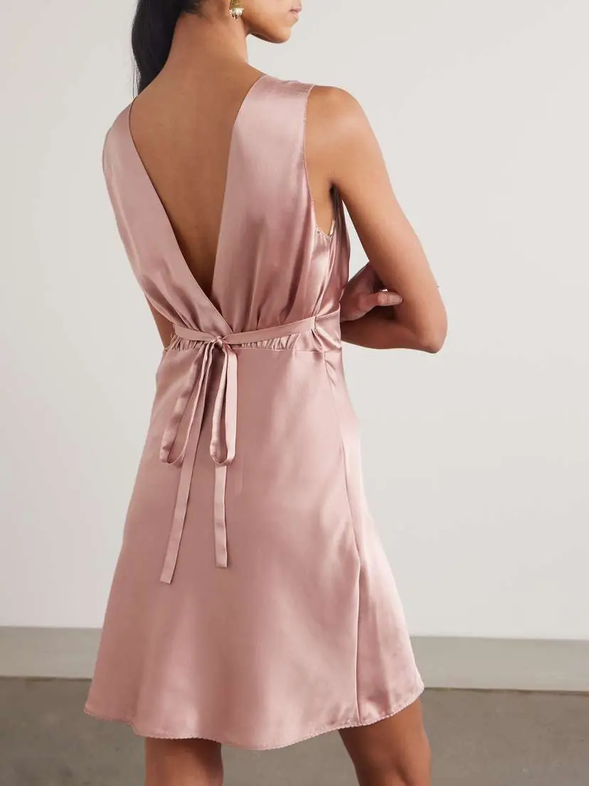 Chloé Gathered Tie-detailed Lace-trimmed Silk-satin Mini Dress | Thumbnail 3 Chloé Gathered Tie-detailed Lace-trimmed Silk-satin Mini Dress | Thumbnail 3