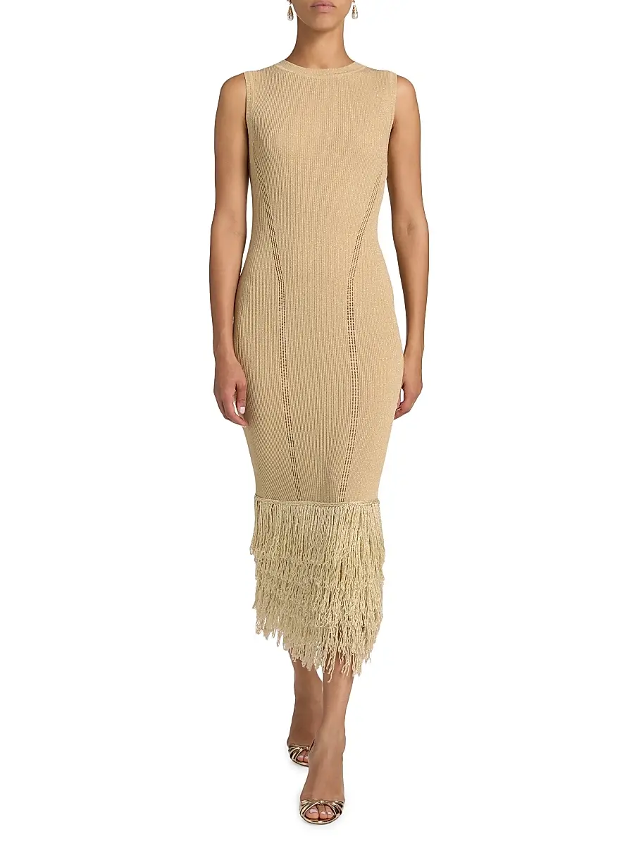 Milly Women's Raz Metallic Fringed Midi-Dress | Thumbnail 3