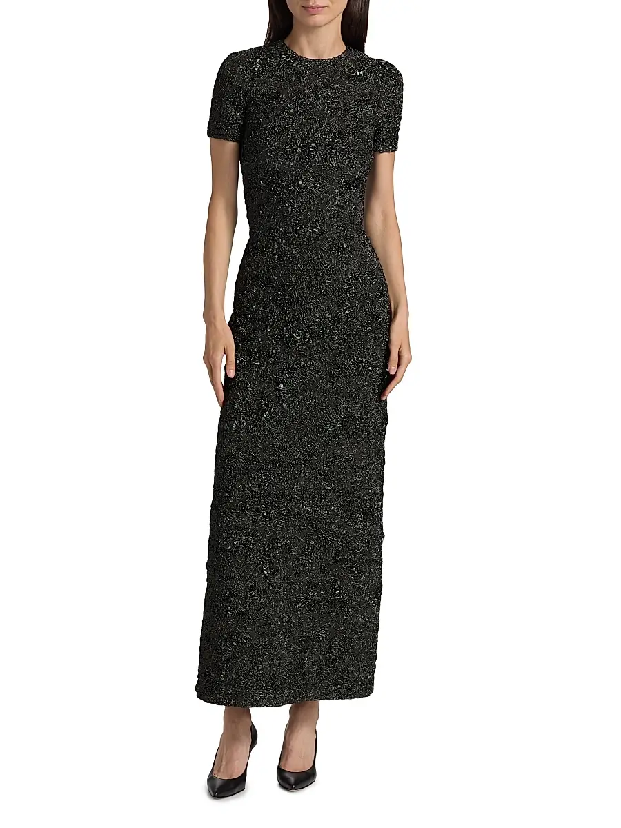 Oscar de la Renta Women's Metallic Jacquard Belted Column Dress - Gunmetal | Thumbnail 3 Oscar de la Renta Women's Metallic Jacquard Belted Column Dress - Gunmetal | Thumbnail 3