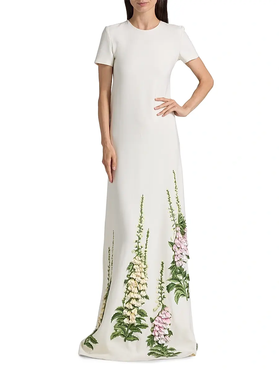 Oscar de la Renta Women's Foxglove-Embroidered Caftan | Thumbnail 2