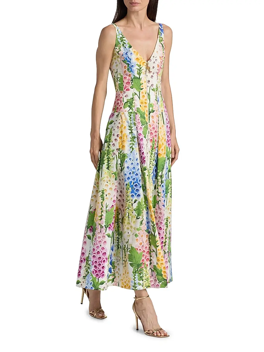 Oscar de la Renta Women's Foxgloves-Print Stretch-Cotton Poplin Maxi Dress - White Multi | Thumbnail 2 Oscar de la Renta Women's Foxgloves-Print Stretch-Cotton Poplin Maxi Dress - White Multi | Thumbnail 2