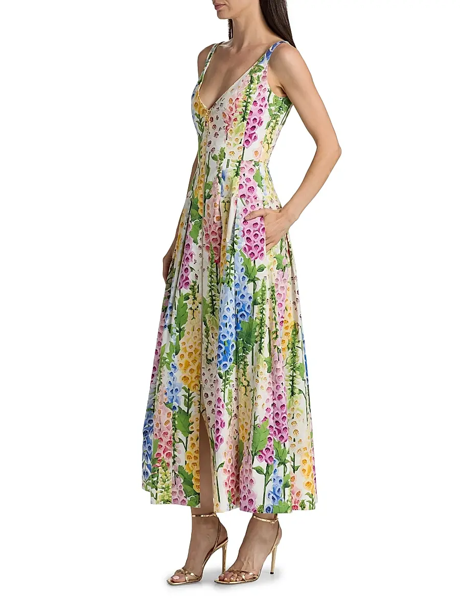Oscar de la Renta Women's Foxgloves-Print Stretch-Cotton Poplin Maxi Dress - White Multi | Thumbnail 4 Oscar de la Renta Women's Foxgloves-Print Stretch-Cotton Poplin Maxi Dress - White Multi | Thumbnail 4