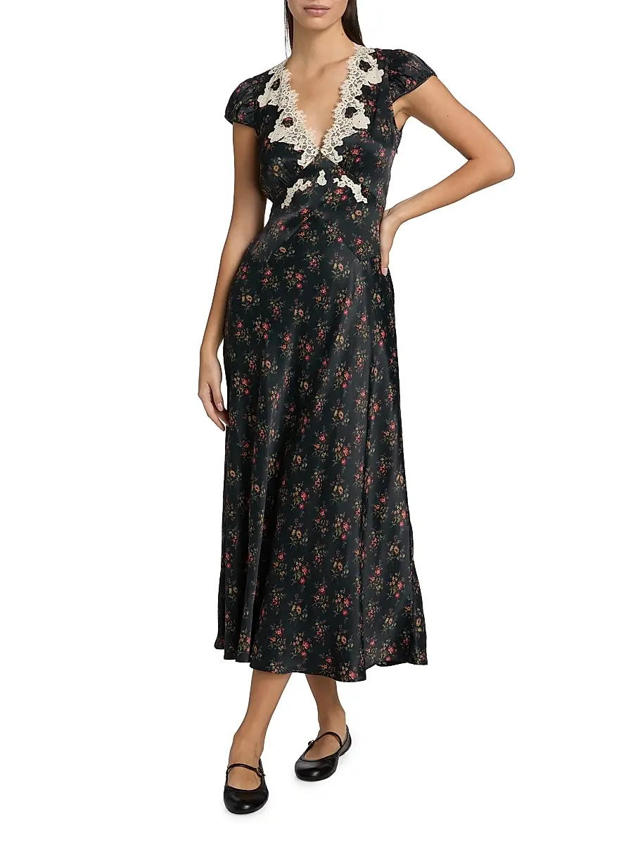 DÔEN Women's Coraline Lace-Trim Floral Satin Midi-Dress - Fleur Du Palais | Thumbnail 2