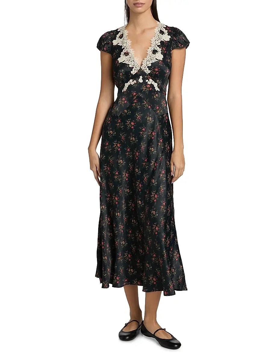 DÔEN Women's Coraline Lace-Trim Floral Satin Midi-Dress - Fleur Du Palais | Thumbnail 3