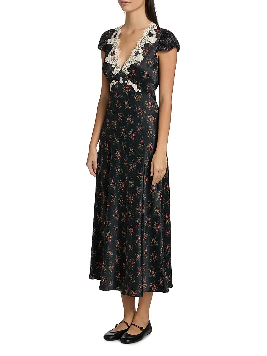DÔEN Women's Coraline Lace-Trim Floral Satin Midi-Dress - Fleur Du Palais | Thumbnail 4