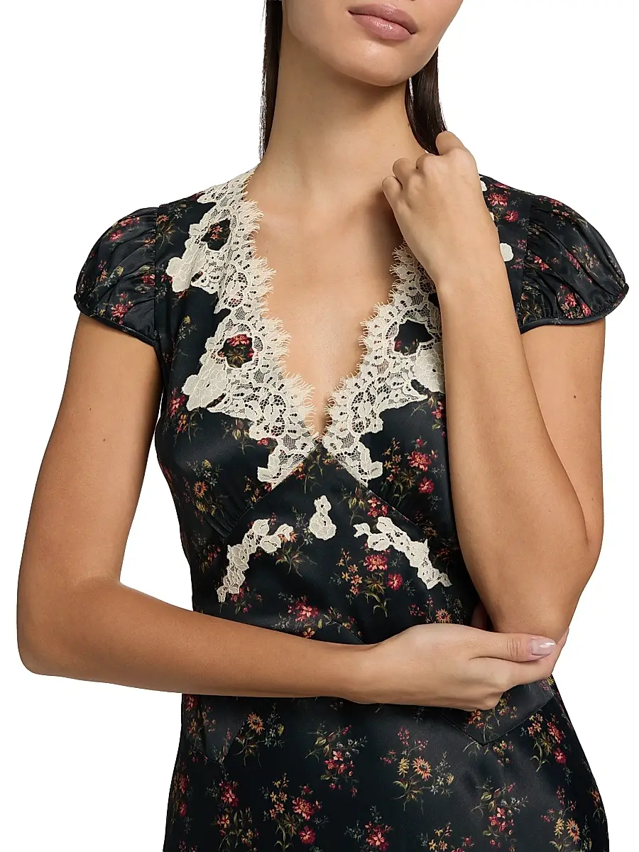 DÔEN Women's Coraline Lace-Trim Floral Satin Midi-Dress - Fleur Du Palais | Thumbnail 6