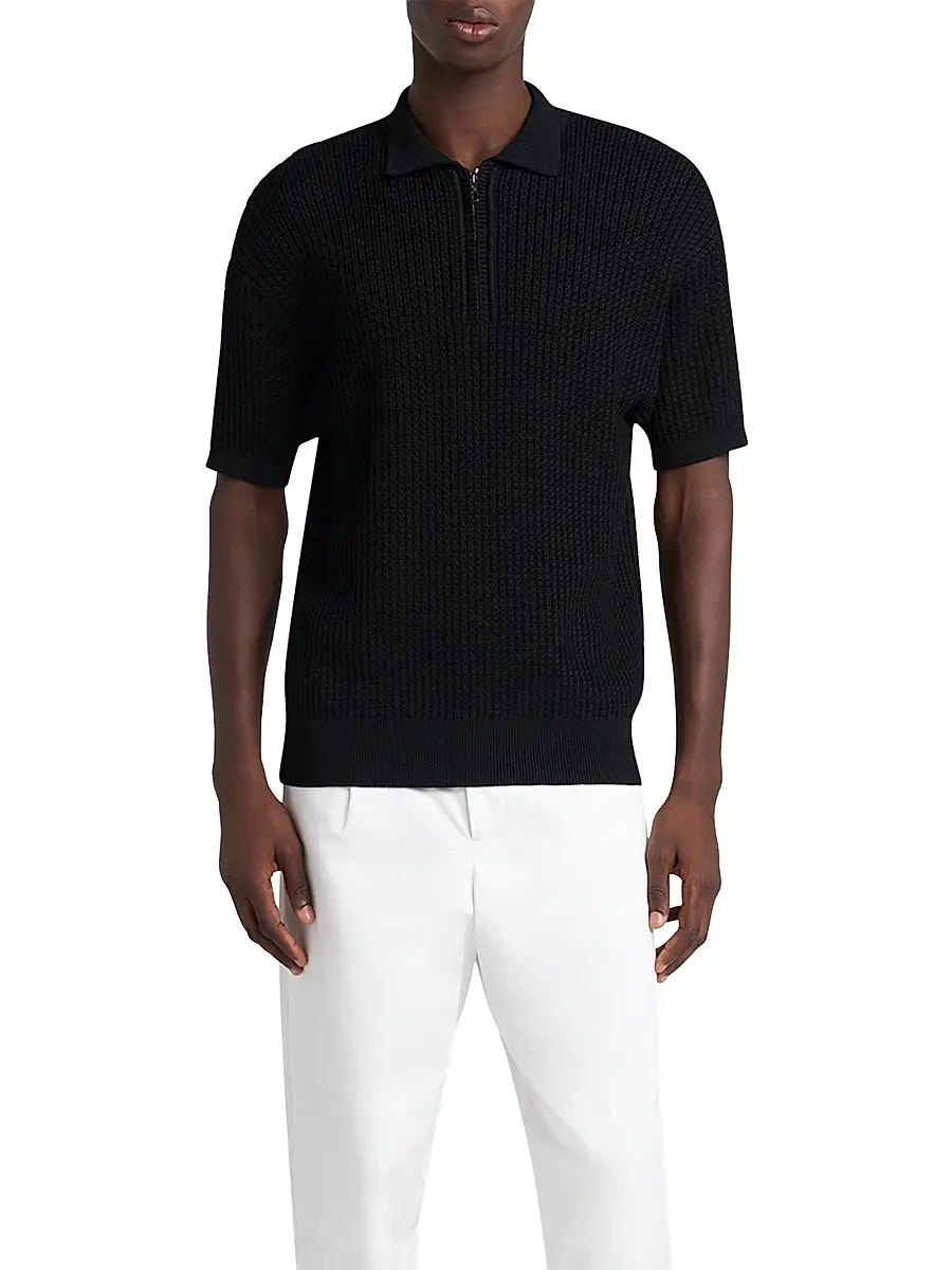Giorgio Armani Men's Ribbed-Knit Quarter-Zip Polo Sweater - Black | Thumbnail 2 Giorgio Armani Men's Ribbed-Knit Quarter-Zip Polo Sweater - Black | Thumbnail 2