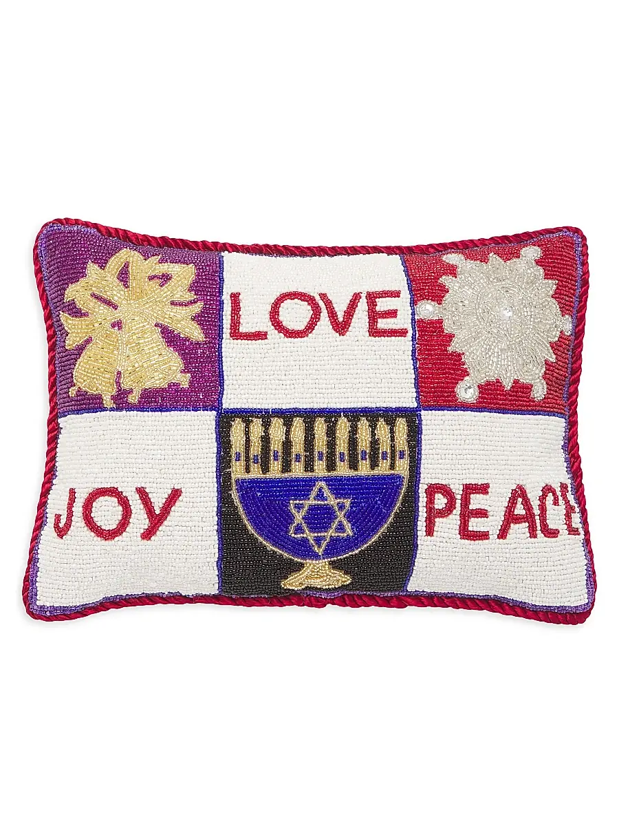 Sudha Pennathur Holiday Joy, Love and Peace Beaded Pillow | Image 1 Sudha Pennathur Holiday Joy, Love and Peace Beaded Pillow | Image 1