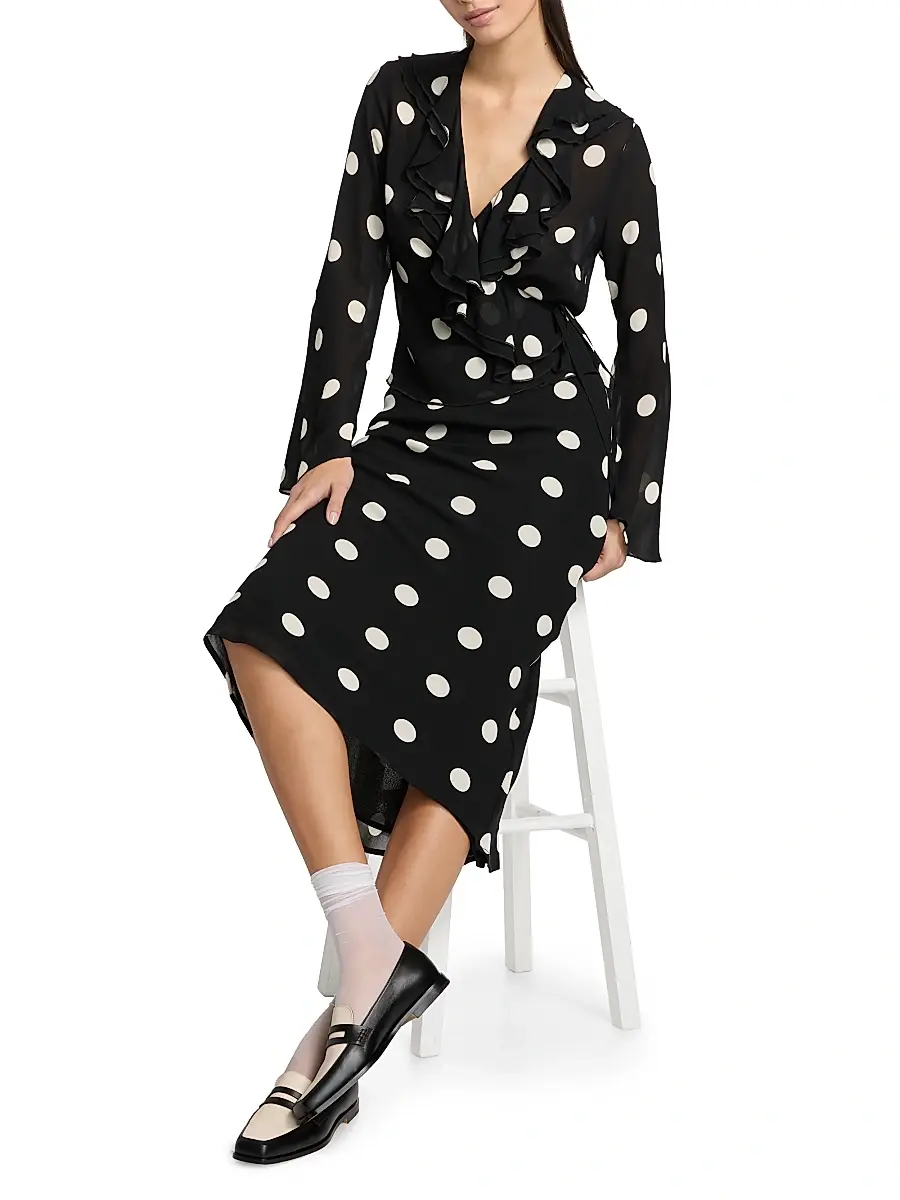 Reformation Women's Kilah Polka Dot Georgette Wrap Top - Moon Dot | Thumbnail 2