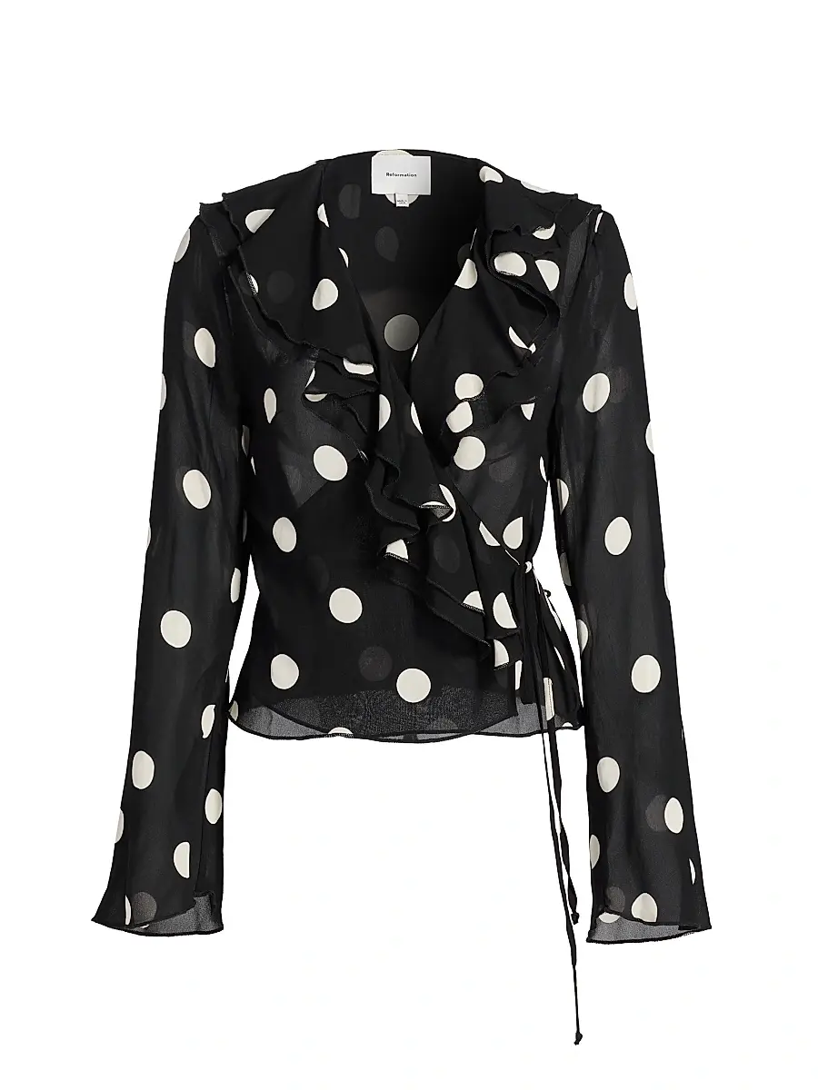 Reformation Women's Kilah Polka Dot Georgette Wrap Top - Moon Dot | Image 1 Reformation Women's Kilah Polka Dot Georgette Wrap Top - Moon Dot | Image 1