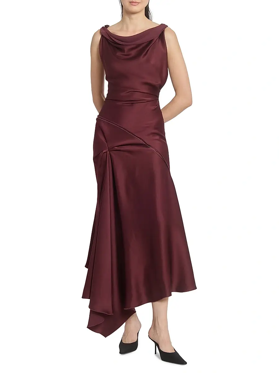 Victoria Beckham Women's Satin Asymmetric Draped Midi-Dress - Cinnabar Red | Thumbnail 2 Victoria Beckham Women's Satin Asymmetric Draped Midi-Dress - Cinnabar Red | Thumbnail 2