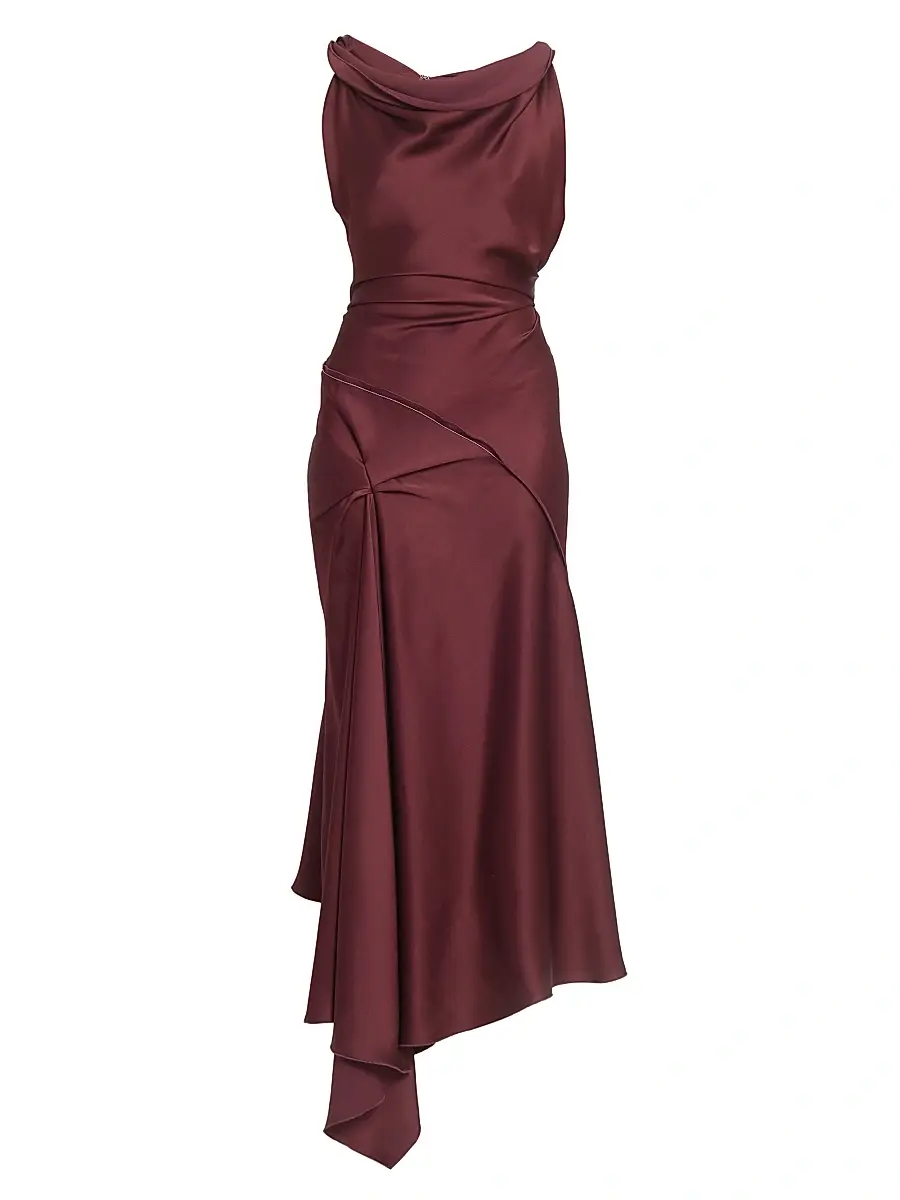 Women's Satin Asymmetric Draped Midi-Dress - Cinnabar Red Women's Satin Asymmetric Draped Midi-Dress - Cinnabar Red