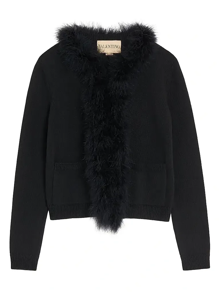 Women's Wool Cardigan with Feathers - Black Women's Wool Cardigan with Feathers - Black