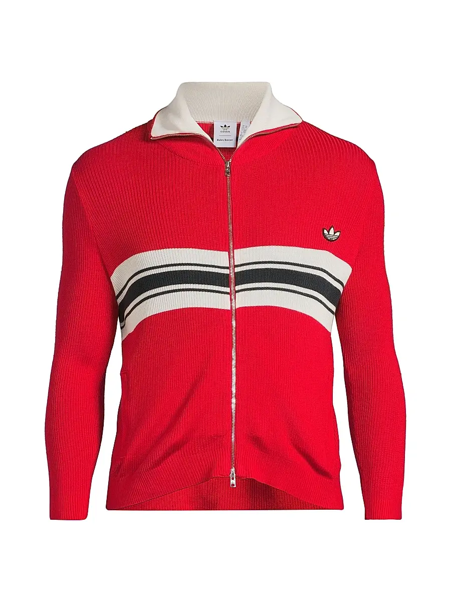 adidas Men's x Wales Bonner Striped Knit Zip Jacket - Better Scarlet | Image 1 adidas Men's x Wales Bonner Striped Knit Zip Jacket - Better Scarlet | Image 1