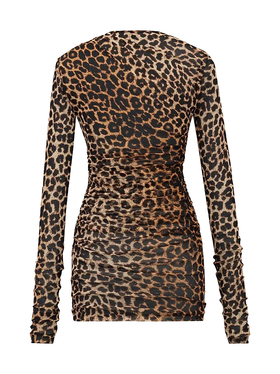 Saint Laurent Women's Ruched Mini Dress in Leopard Tulle Jersey | Thumbnail 2 Saint Laurent Women's Ruched Mini Dress in Leopard Tulle Jersey | Thumbnail 2
