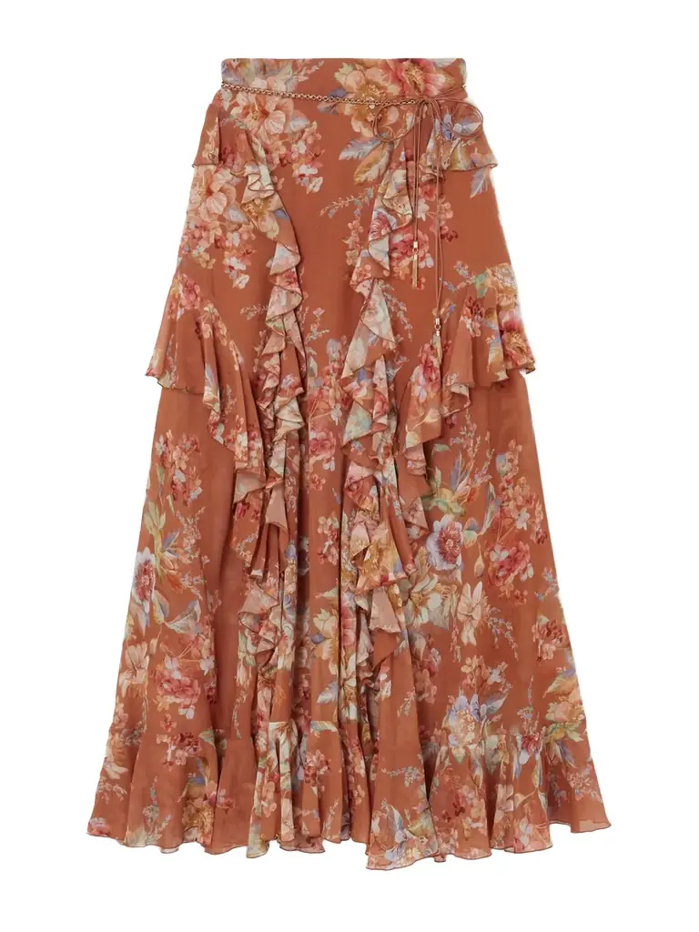 Zimmermann Awaken Belted Ruffled Floral-print Cotton And Silk-blend Crepe De Chine Maxi Skirt | Image 1 Zimmermann Awaken Belted Ruffled Floral-print Cotton And Silk-blend Crepe De Chine Maxi Skirt | Image 1