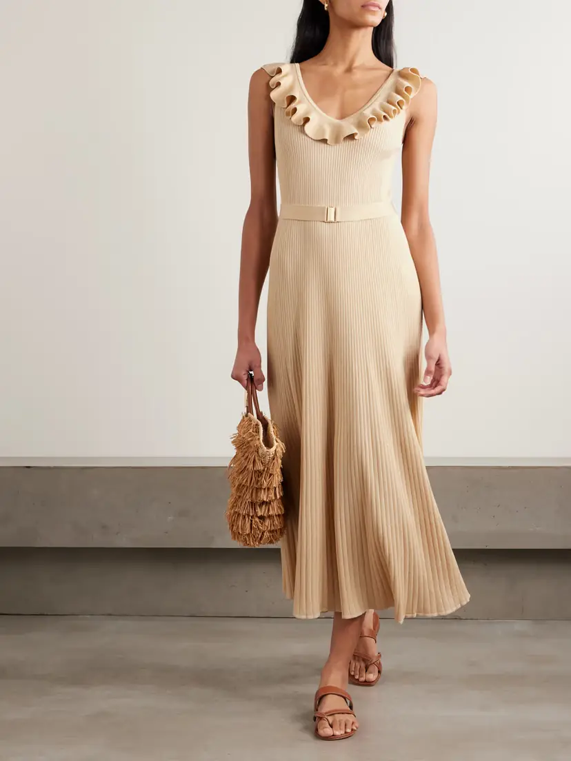 Zimmermann Awaken Ruffled Belted Metallic Ribbed-knit Midi Dress | Thumbnail 2 Zimmermann Awaken Ruffled Belted Metallic Ribbed-knit Midi Dress | Thumbnail 2
