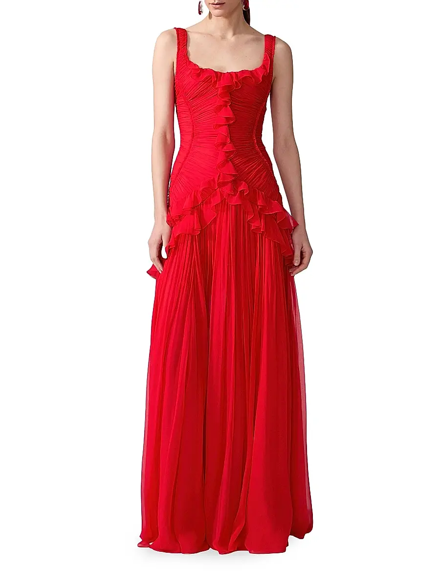 Carolina Herrera Women's Gathered Silk Ruffle Gown - Scarlet | Thumbnail 2 Carolina Herrera Women's Gathered Silk Ruffle Gown - Scarlet | Thumbnail 2
