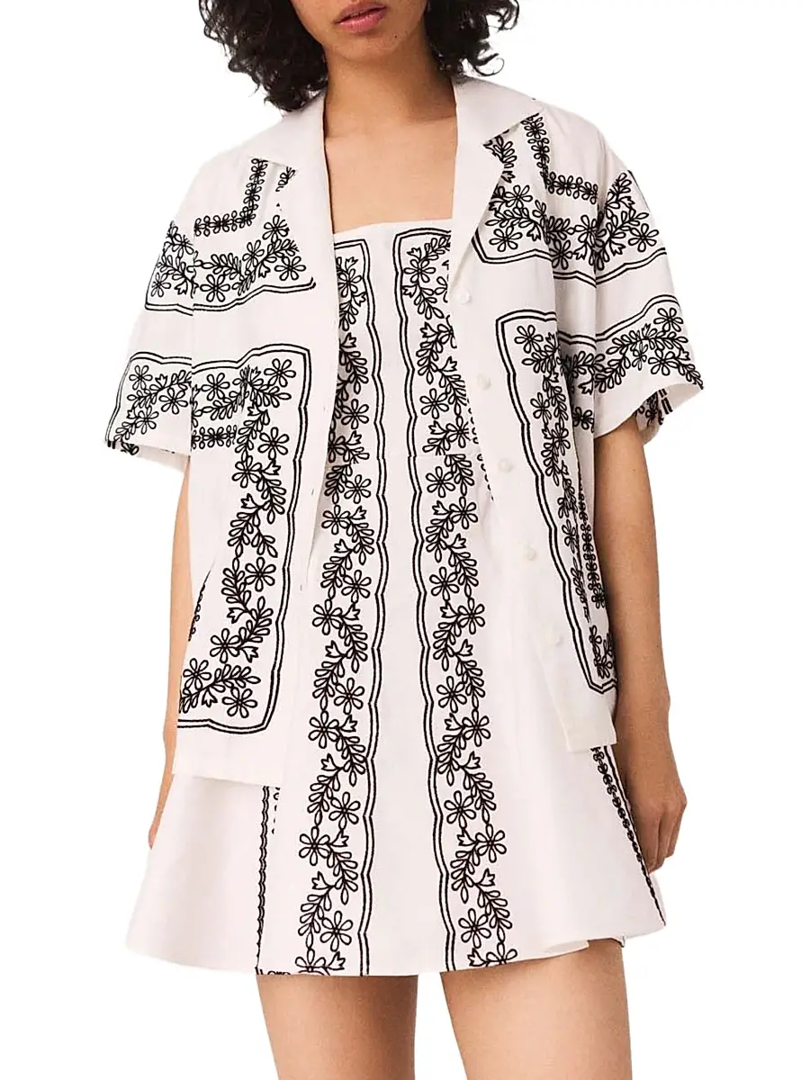 Maje Women's Short Sleeved Embroidered Shirt - Ecru Black | Image 1 Maje Women's Short Sleeved Embroidered Shirt - Ecru Black | Image 1