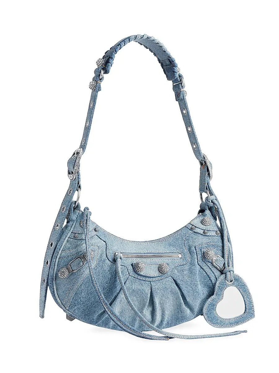 Balenciaga Women's Le Cagole Small Shoulder Bag In Denim With Rhinestones - Blue | Thumbnail 2 Balenciaga Women's Le Cagole Small Shoulder Bag In Denim With Rhinestones - Blue | Thumbnail 2