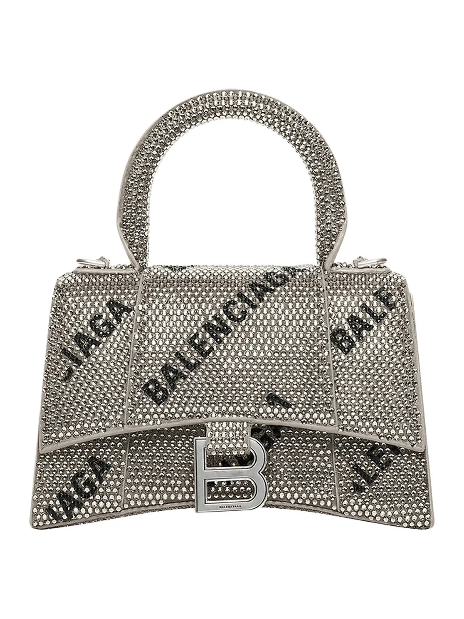 Balenciaga Women's Hourglass XS Handbag With Chain And Allover Logo Rhinestones