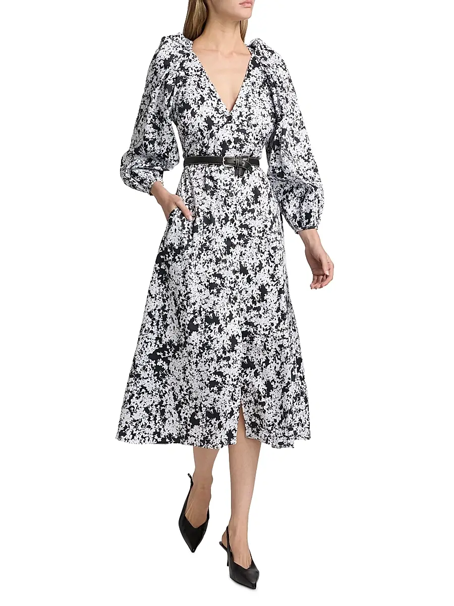 Kika Vargas Women's Calli Floral Stretch-Cotton V-Neck Midi-Dress | Thumbnail 2