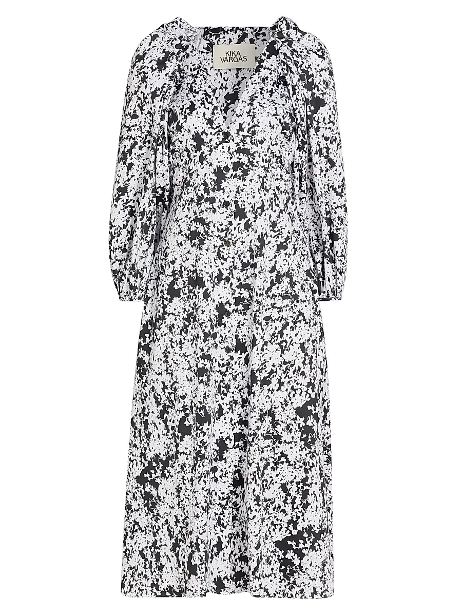 Kika Vargas Women's Calli Floral Stretch-Cotton V-Neck Midi-Dress