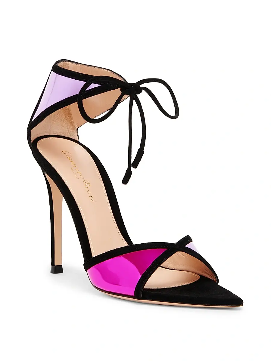 Gianvito Rossi Women's Confetti 105MM Colorblocked Metallic Leather & Suede Sandals - Black Bloom Freesia | Thumbnail 2 Gianvito Rossi Women's Confetti 105MM Colorblocked Metallic Leather & Suede Sandals - Black Bloom Freesia | Thumbnail 2