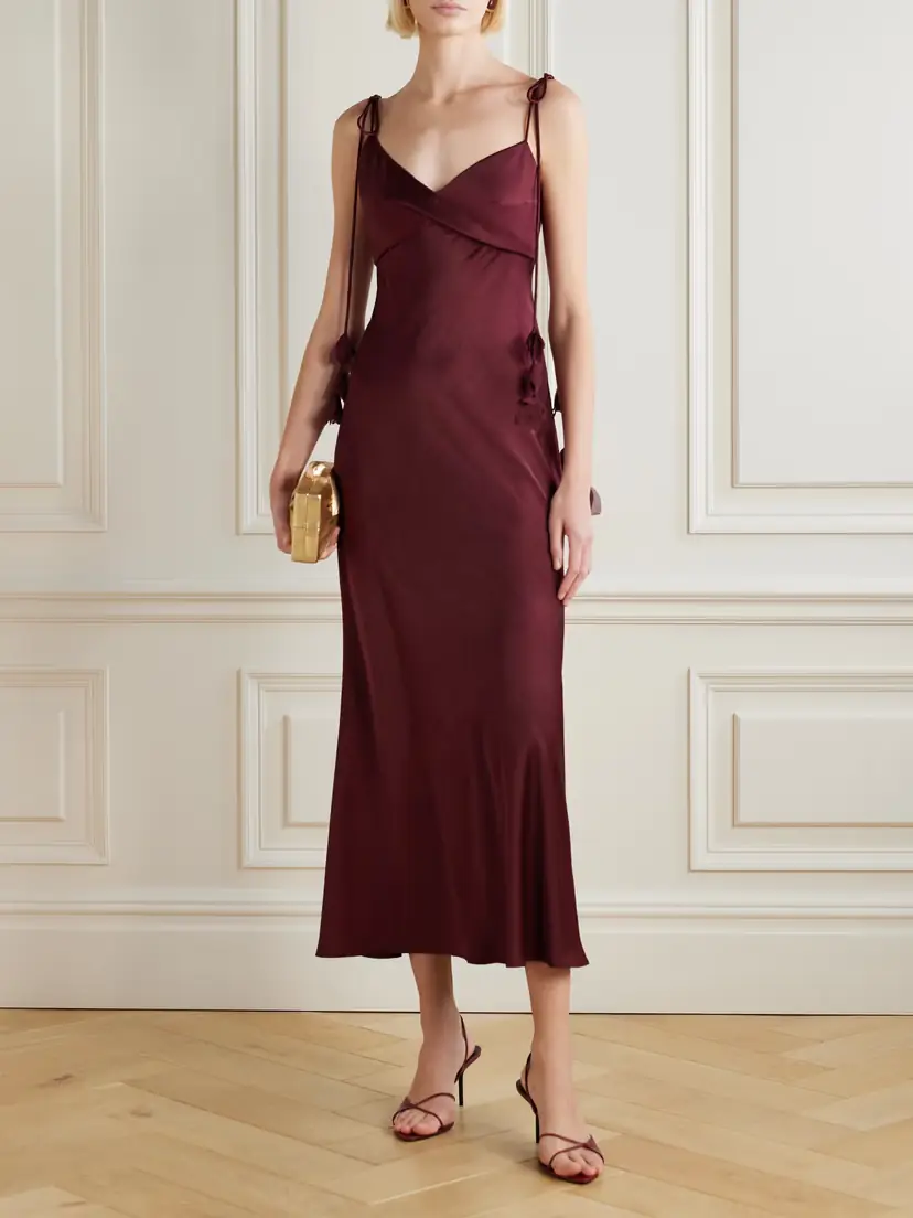 Self-Portrait Georgette-trimmed Draped Satin Midi Dress | Thumbnail 2 Self-Portrait Georgette-trimmed Draped Satin Midi Dress | Thumbnail 2