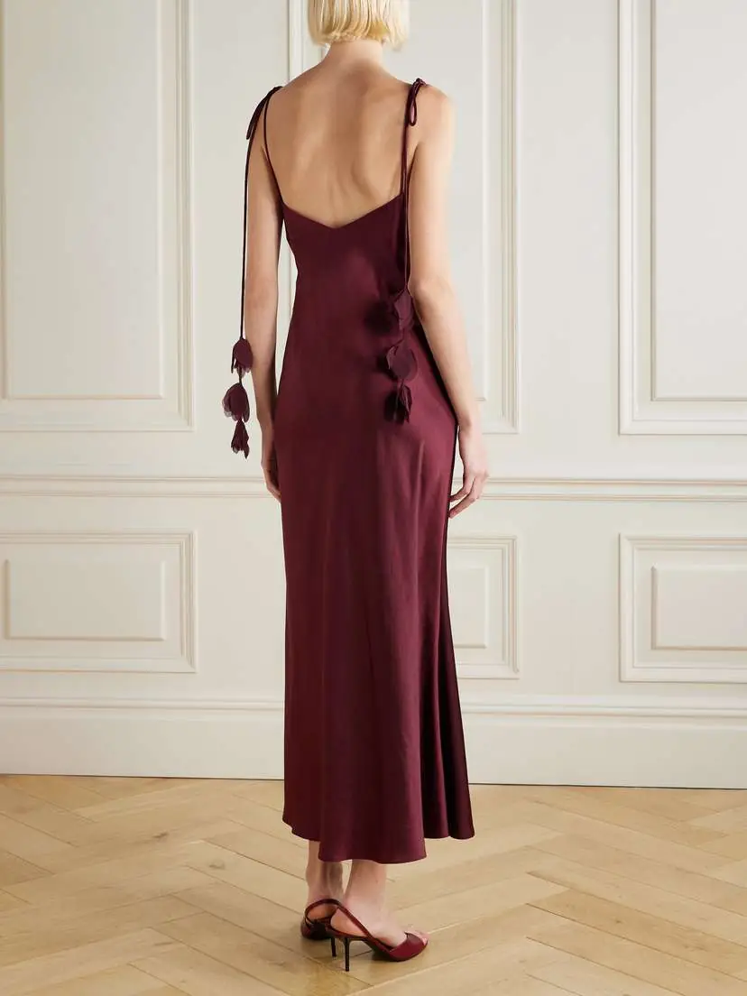 Self-Portrait Georgette-trimmed Draped Satin Midi Dress | Thumbnail 3 Self-Portrait Georgette-trimmed Draped Satin Midi Dress | Thumbnail 3