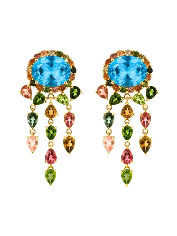 12.25ct Topaz Tourmaline 18K Gold Statement Cascade Earrings