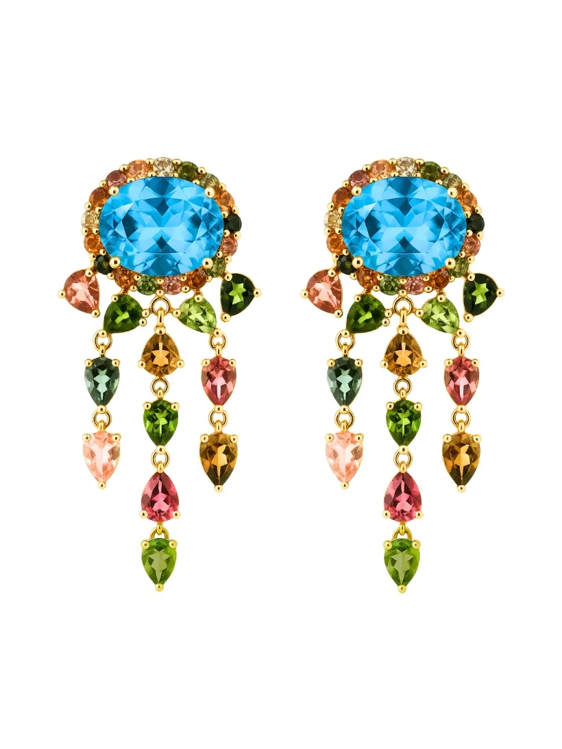 Wish Fine Jewelry 12.25ct Topaz Tourmaline 18K Gold Statement Cascade Earrings