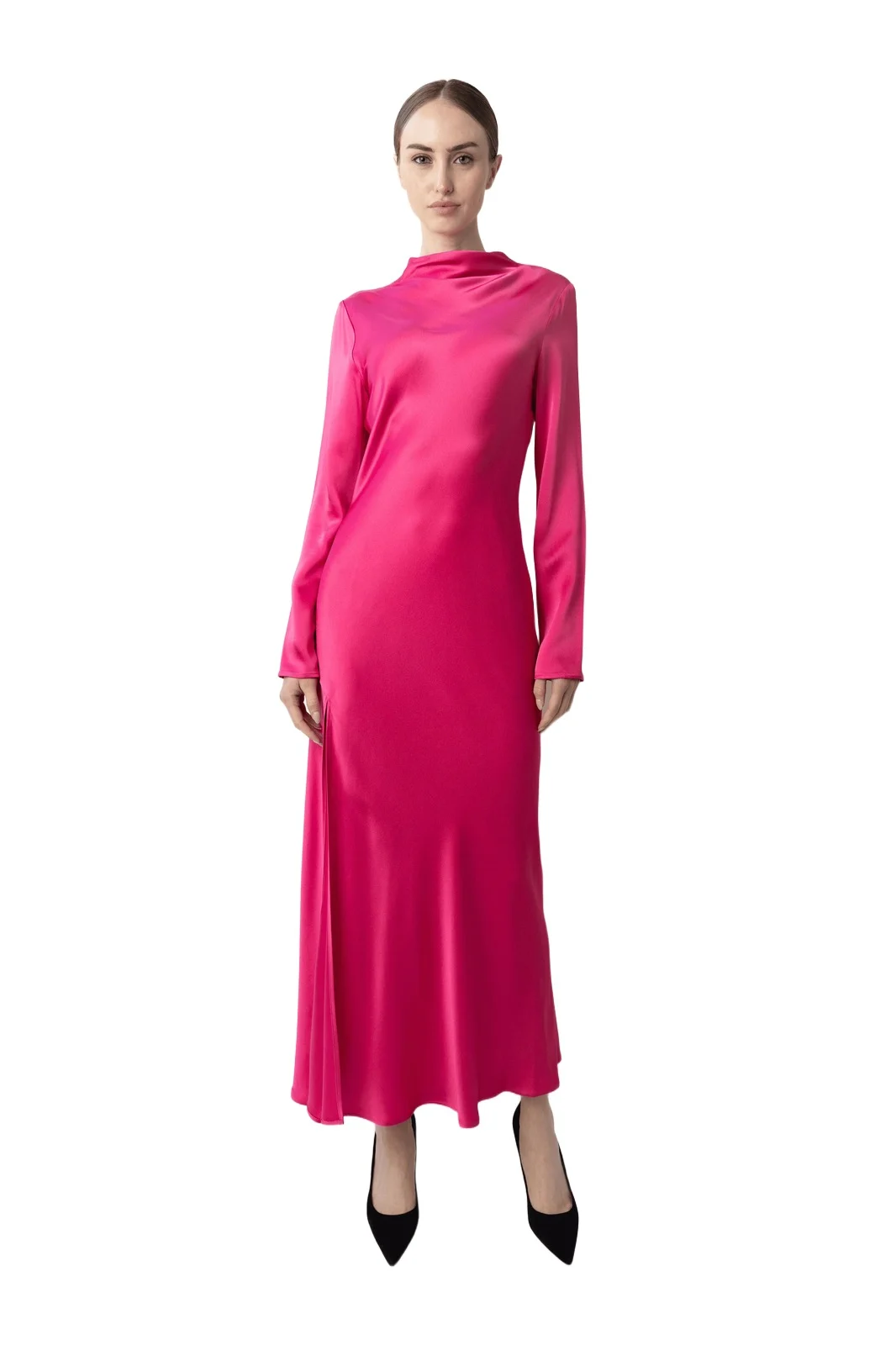 Satin Draped Neck Bias Dress