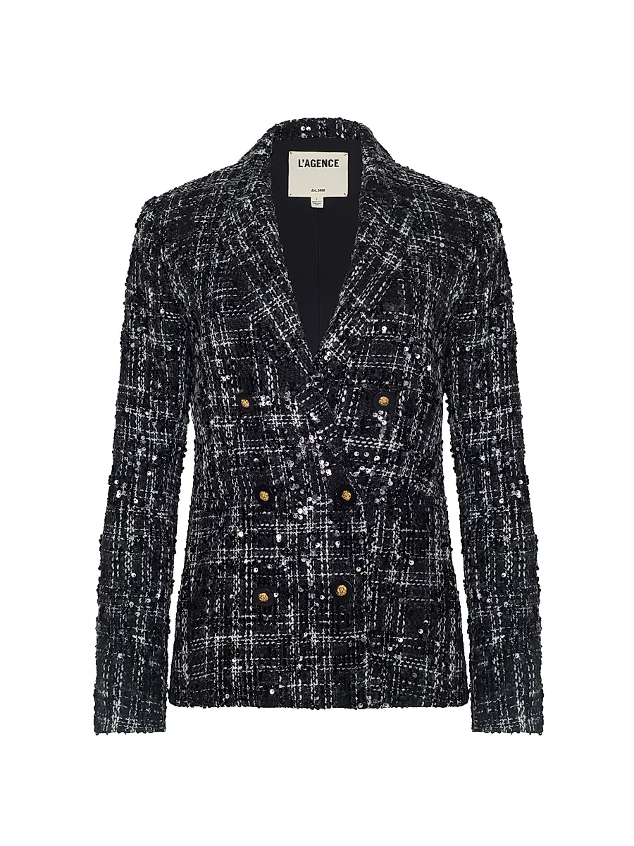 L'Agence Women's Colin Sequined Silk Tweed Double-Breasted Blazer - Black Ivory Tweed Sequin - Size 0 | Image 1 L'Agence Women's Colin Sequined Silk Tweed Double-Breasted Blazer - Black Ivory Tweed Sequin - Size 0 | Image 1