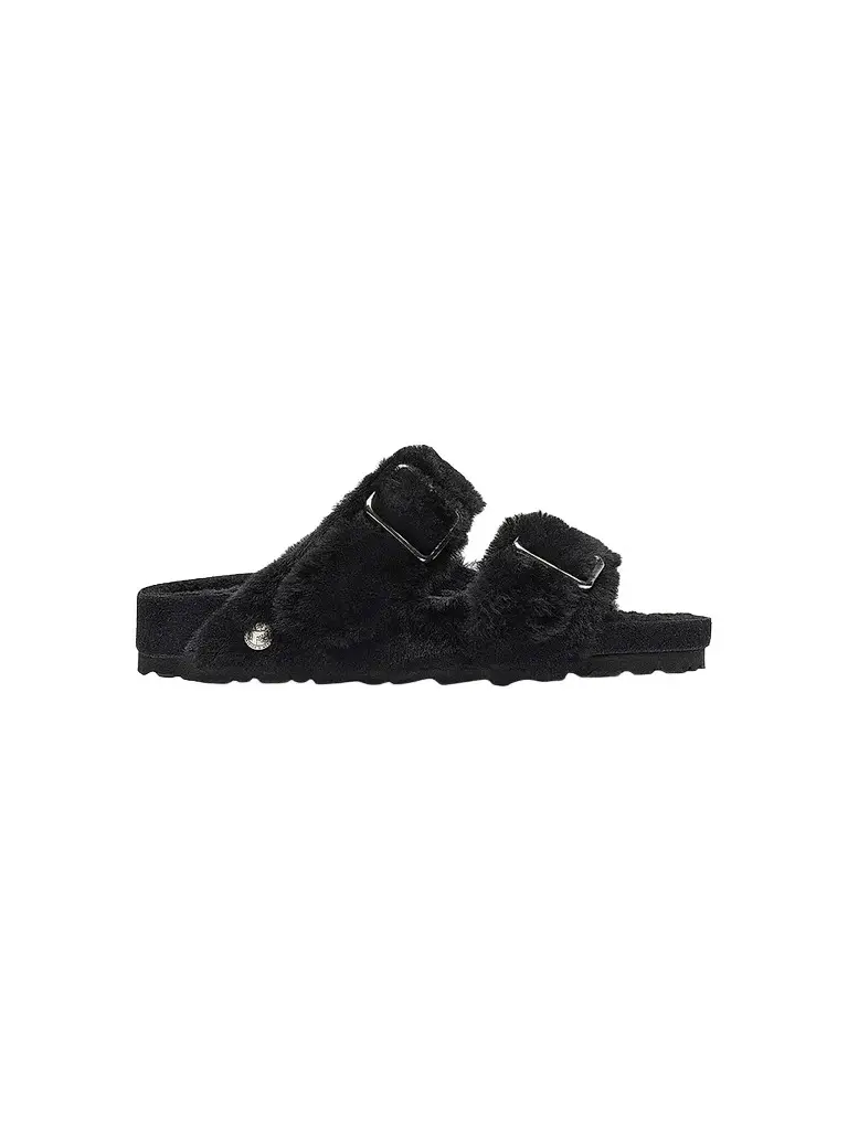 Birkenstock Women's Arizona Shearling Dual-Buckle Slide Sandals - Black | Image 1 Birkenstock Women's Arizona Shearling Dual-Buckle Slide Sandals - Black | Image 1