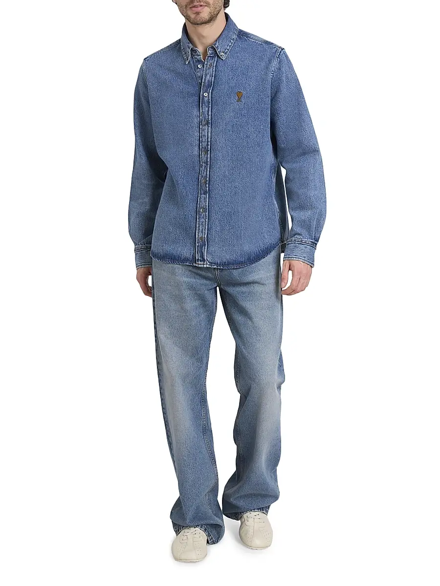 AMI PARIS Men's Denim ADC Logo Button-Down Shirt | Thumbnail 2 AMI PARIS Men's Denim ADC Logo Button-Down Shirt | Thumbnail 2