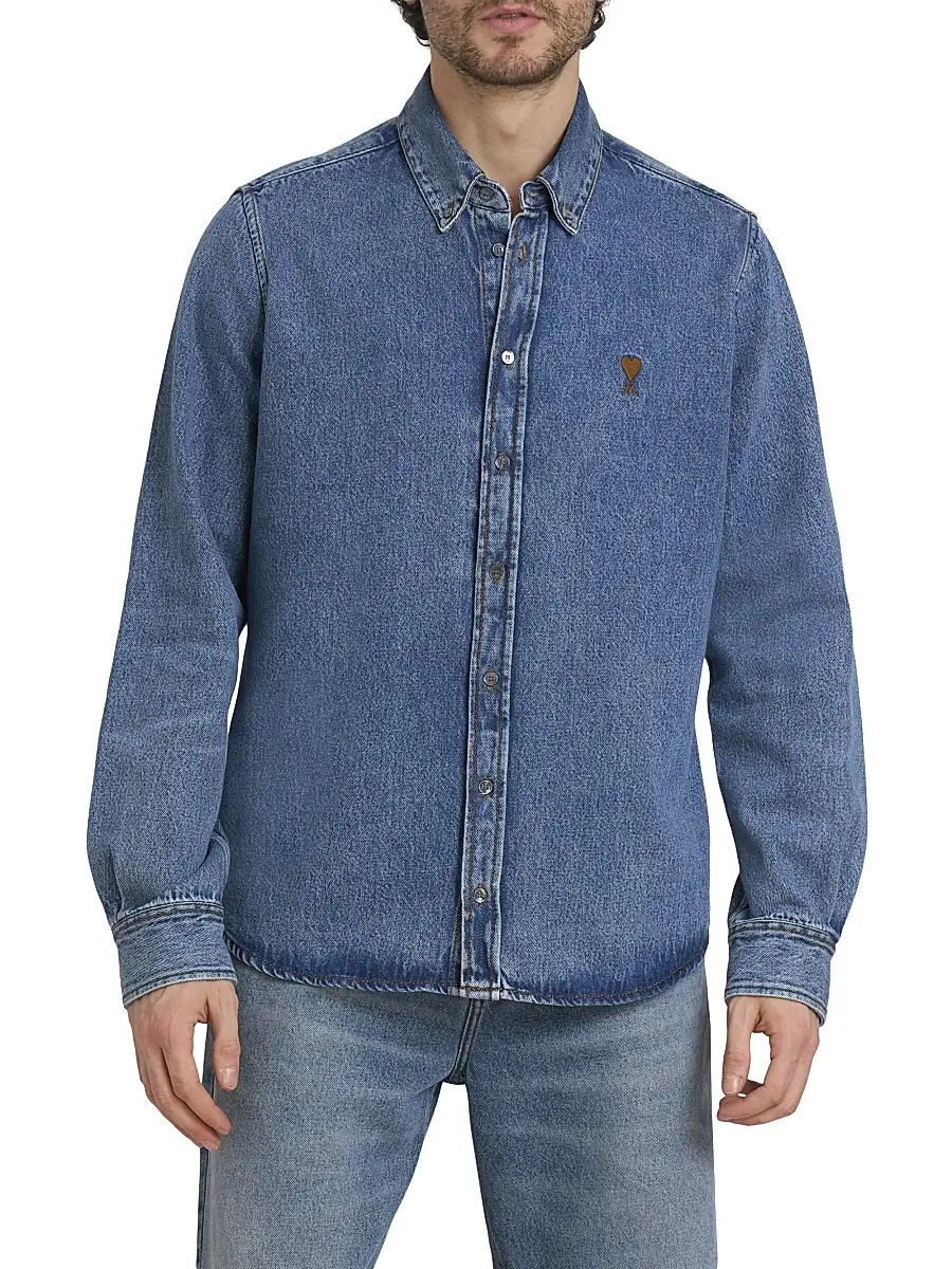 AMI PARIS Men's Denim ADC Logo Button-Down Shirt | Thumbnail 3 AMI PARIS Men's Denim ADC Logo Button-Down Shirt | Thumbnail 3
