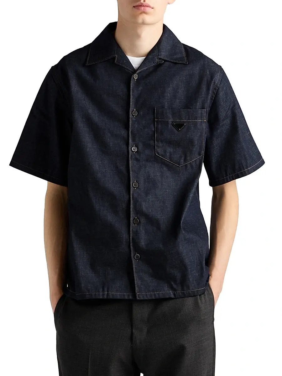 Prada Men's Denim Bowling Shirt - Blue | Thumbnail 2 Prada Men's Denim Bowling Shirt - Blue | Thumbnail 2