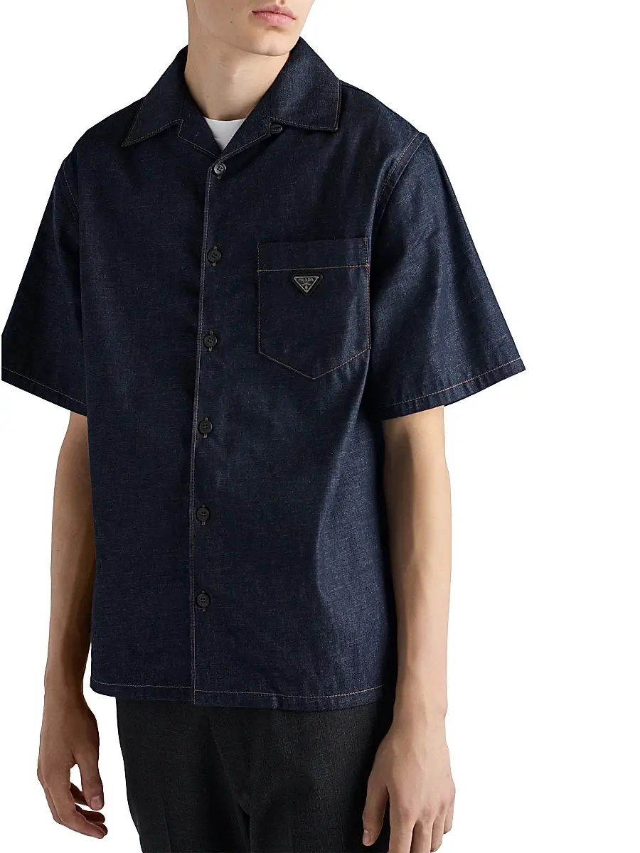 Prada Men's Denim Bowling Shirt - Blue | Thumbnail 4 Prada Men's Denim Bowling Shirt - Blue | Thumbnail 4