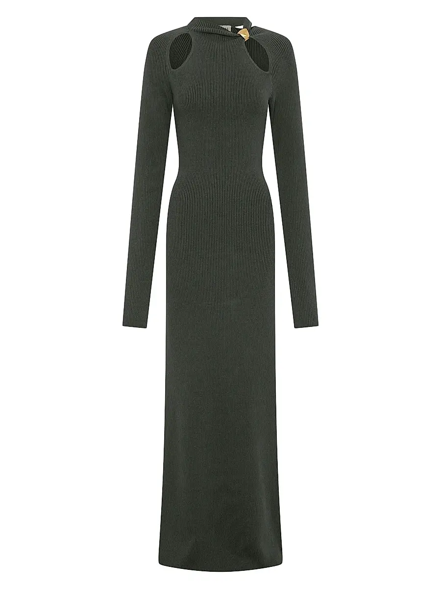 NICHOLAS Women's Ellie Cut-Out Ribbed Maxi Dress - Olive | Image 1 NICHOLAS Women's Ellie Cut-Out Ribbed Maxi Dress - Olive | Image 1