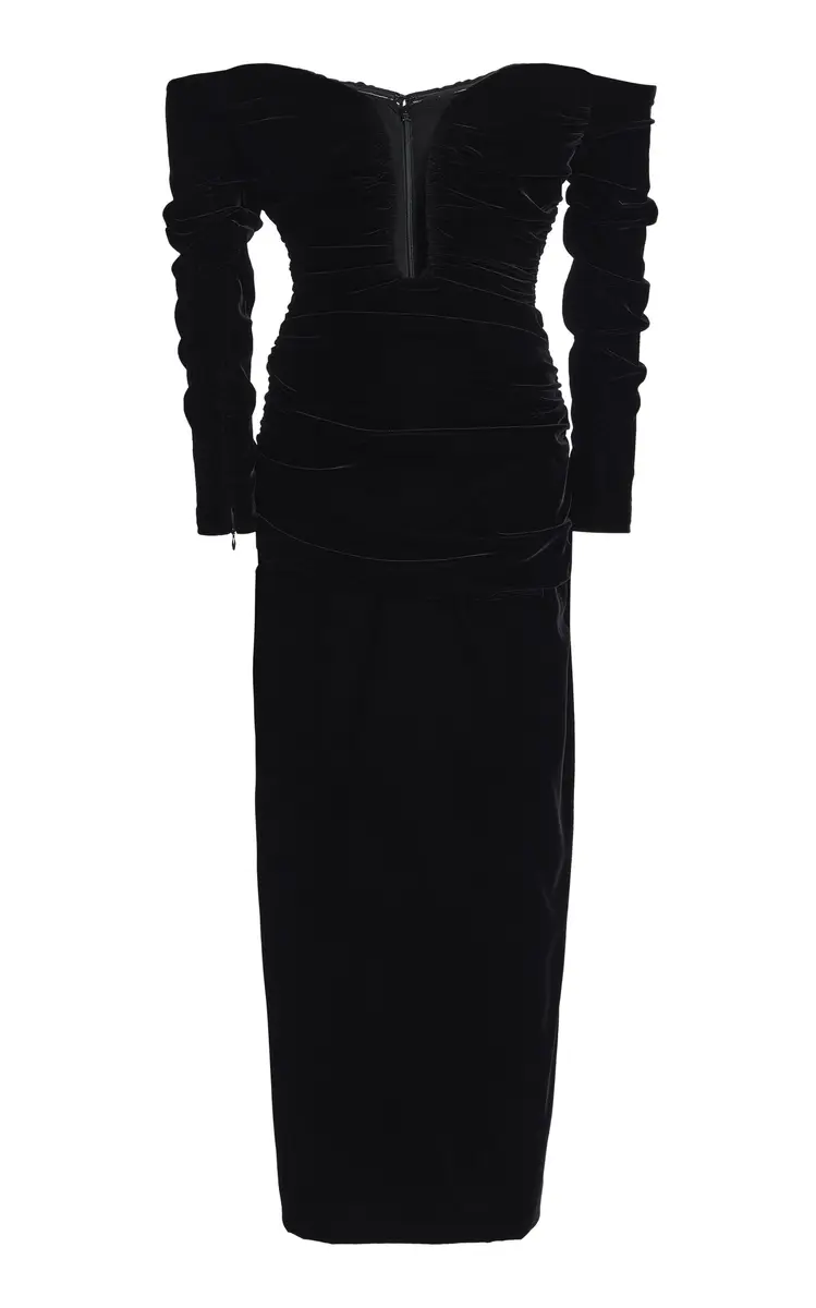 Carolina Herrera Ruched Off-The-Shoulder Stretch Velvet Midi Dress | Image 1 Carolina Herrera Ruched Off-The-Shoulder Stretch Velvet Midi Dress | Image 1