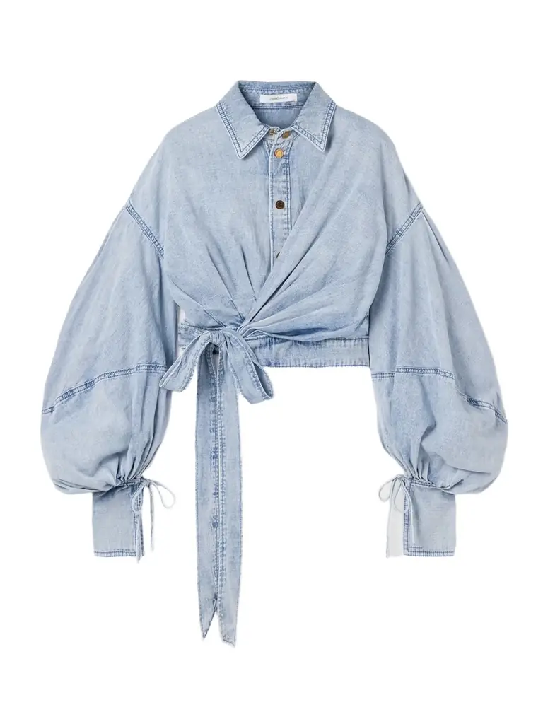 Cropped Wrap-effect Denim Top