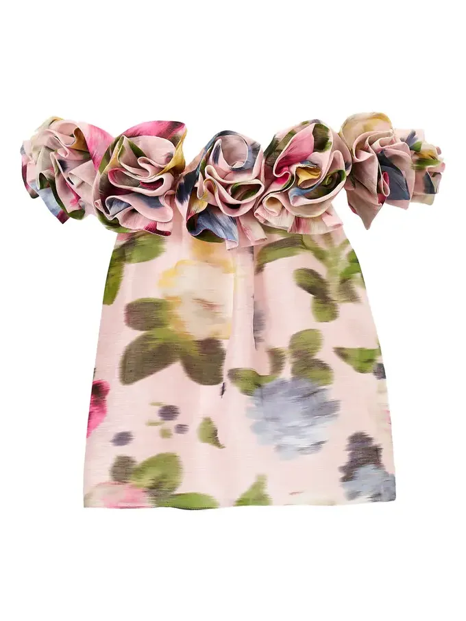 Off-the-Shoulder Floral Silk Rosette Top