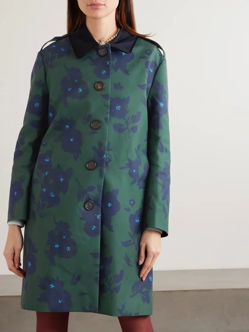 SHUSHU/TONG Velvet-trimmed Floral-print Woven Trench Coat | Thumbnail 3