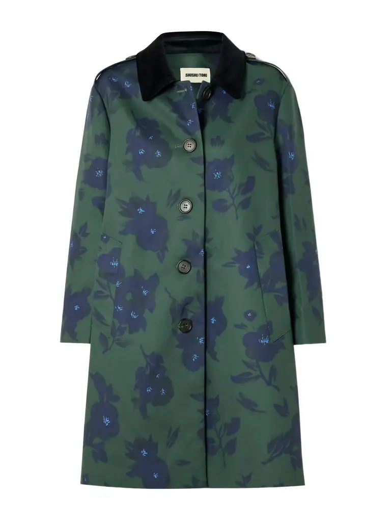 SHUSHU/TONG Velvet-trimmed Floral-print Woven Trench Coat