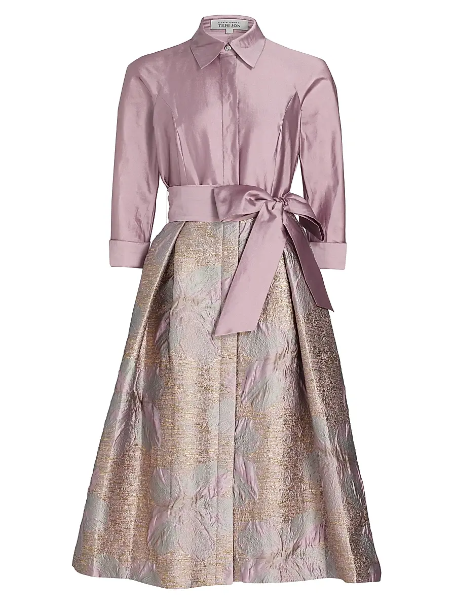 Teri Jon by Rickie Freeman Women's Taffeta Floral Jacquard Cocktail Shirtdress - Mauve Multi | Image 1 Teri Jon by Rickie Freeman Women's Taffeta Floral Jacquard Cocktail Shirtdress - Mauve Multi | Image 1