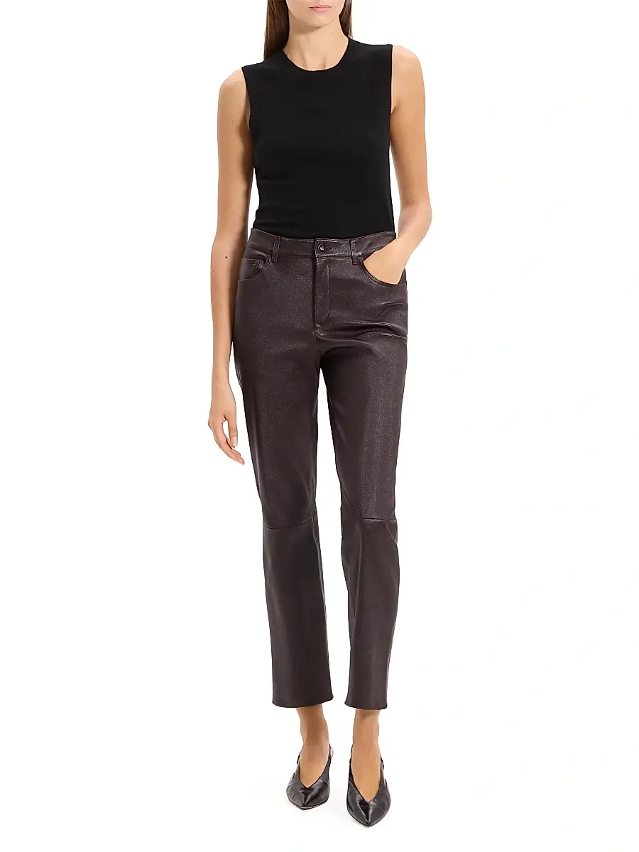 Theory Women's Glossed Leather Mid-Rise Pants | Thumbnail 2